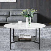 Handcrafted Double Row Black Metal Side Table | 18 Inch Composite Marble Top | Modern Accent Coffee Table for Living Room & Office